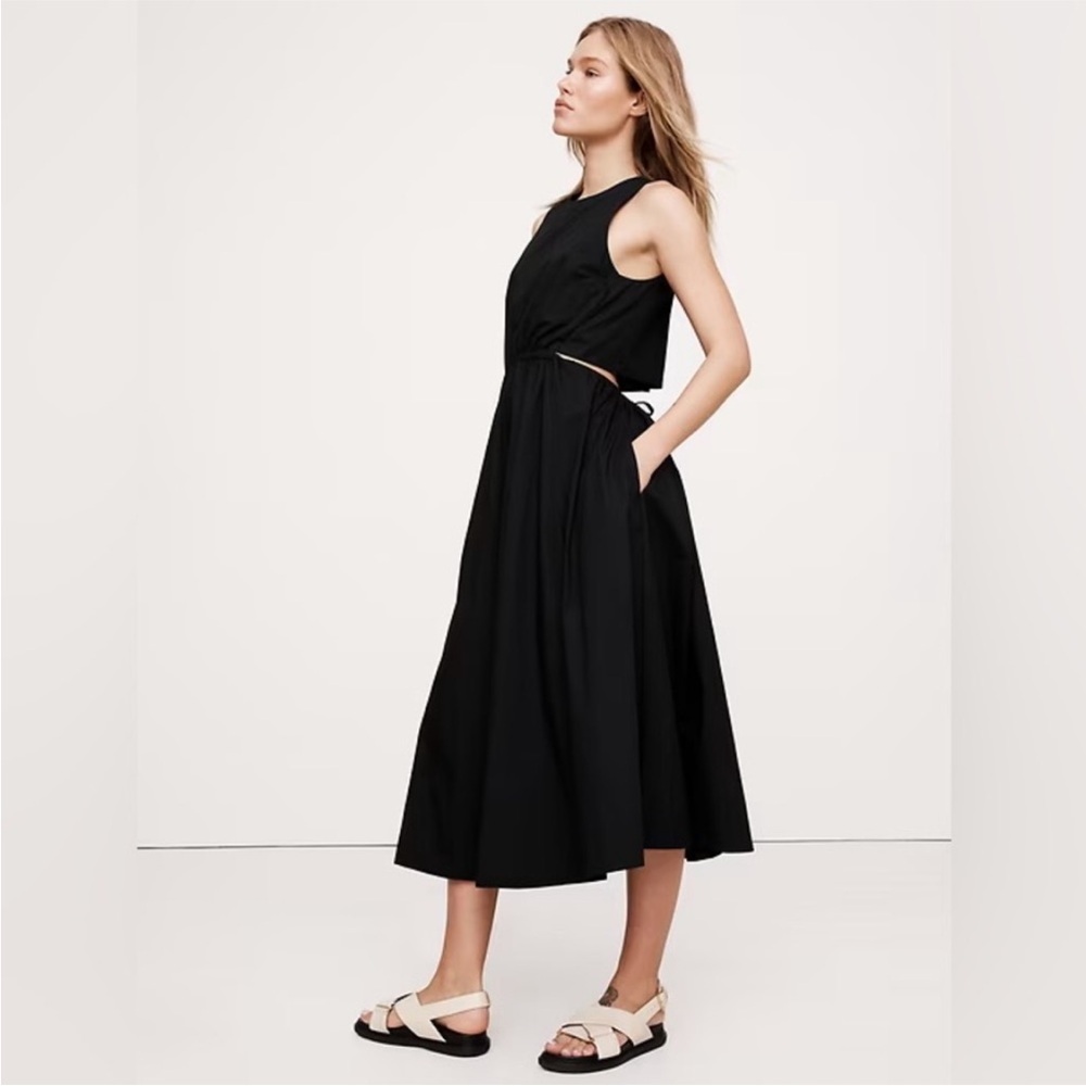 NWT! Banana Republic Black Cotton Poplin Cut-Out Midi Dress #772006 ✈️ Small